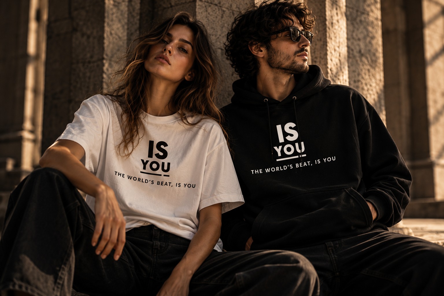 Una ragazza con maglietta bianca IS YOU e un ragazzo con felpa nera IS YOU seduti su una scalinata di pietra sotto la luce calda del tramonto