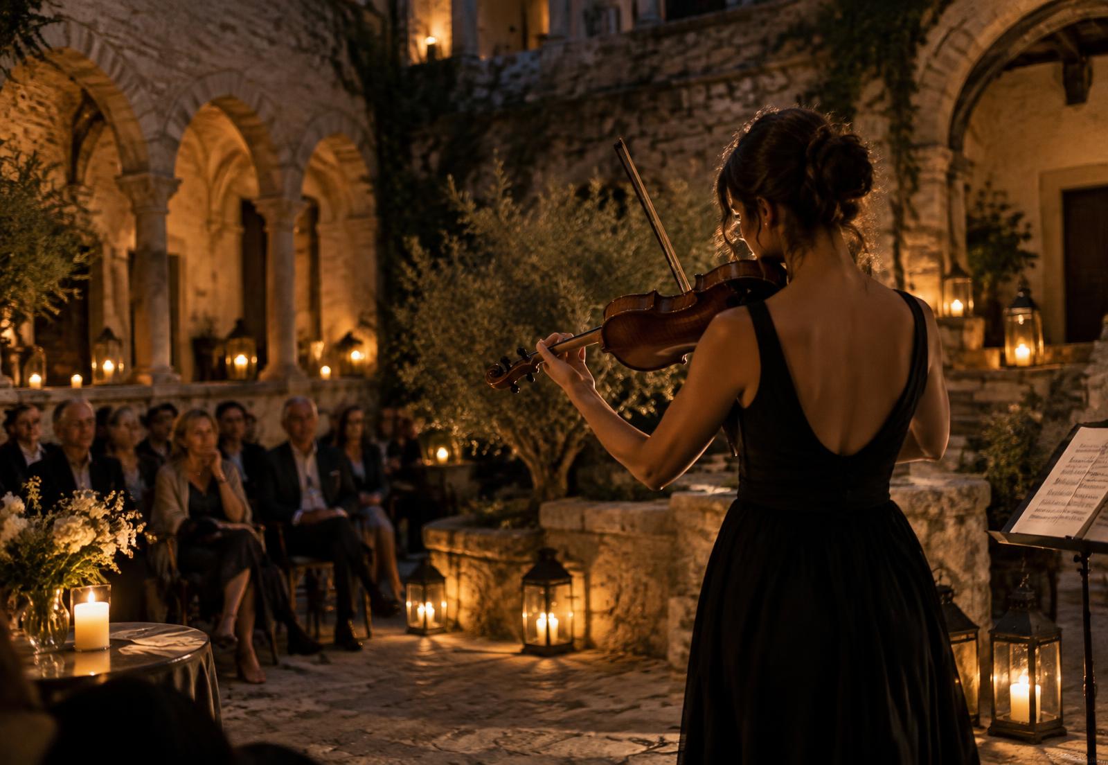 Una violinista suona in un cortile di pietra antica illuminato da lanterne